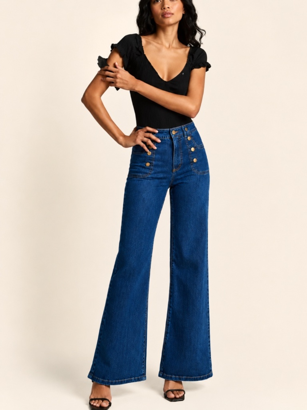 Frame Denim Sailor Snap Button High-Rise Wide-Leg Jean in Adele - Anthropologie